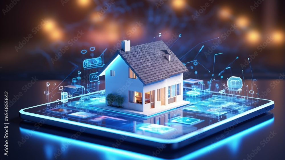 Poster Smart home automation system with wireless connections and electronic icons on a tablet screen control the small house model