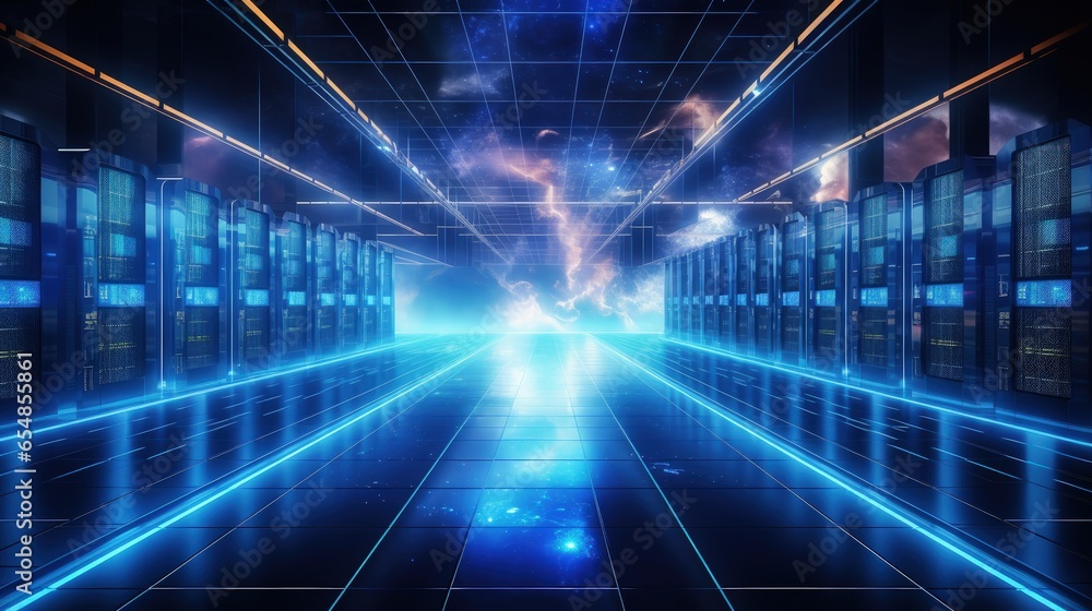 Aufkleber Data center digital warehouse for cloud computing technology with server farm connecting to the internet and exchanging information with glowing lights