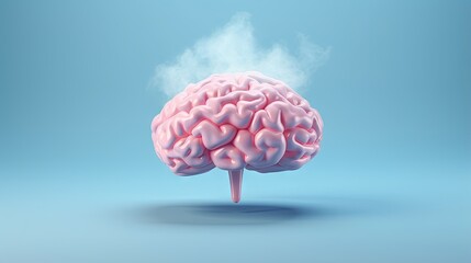 3D rendering of pink brain thinking with speech bubble on blue background