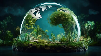 Earth on a green backdrop with tree crown continents and clear azure water embodies the ecological survival of the planet