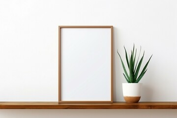 Minimal wooden frame, plant on shelf, white wall backdrop. Generative AI