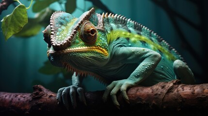 Close up of a magnificent chameleon on a tree branch with wide open eyes - Powered by Adobe