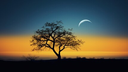 Fototapeta na wymiar Silhouetted tree with soft focus background night sky with moon and Venus
