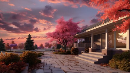 Front walkway view of residential home in early autumn with colorful sky