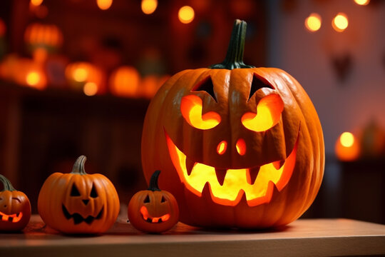 A picture of a large pumpkin with a funny glowing face carved into it sitting in front of halloween decorations, halloween celebrations photo