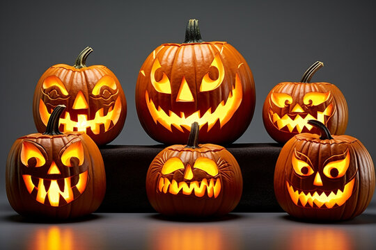 A picture of several halloween pumpkins on a white background, halloween celebrations photo