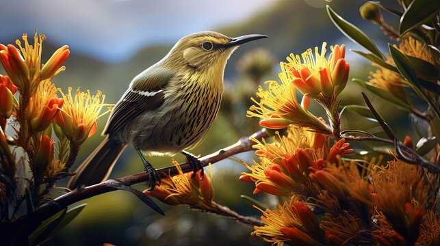 Tūī bird from New Zealand with yellow pollen on its beak feeding on harakeke flowers