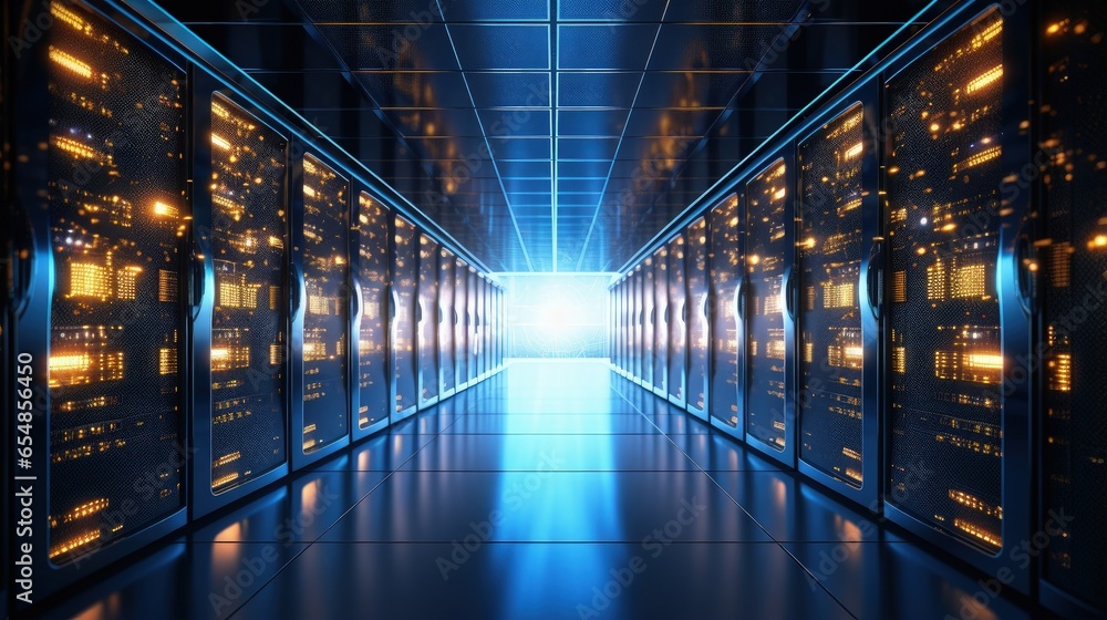 Poster 3d illustration of a data center with working panels and servers for big data solutions and internet