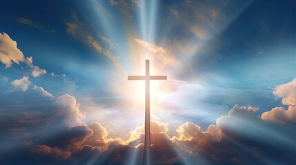 Christian cross shines brightly in the sky with love hope and freedom - obrazy, fototapety, plakaty