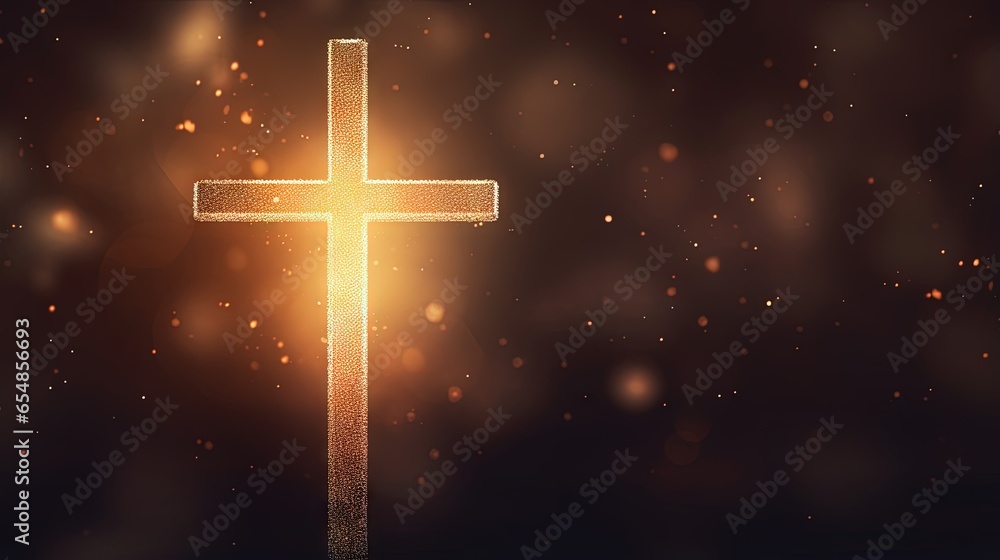 Aufkleber christian cross silhouette with lights and bokeh on black background representing faith symbol and c