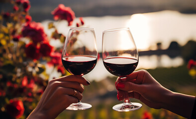 A couple toasting with wine glasses