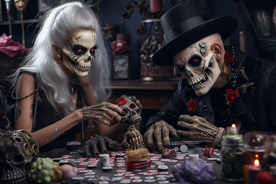 A picture of two people getting ready for a halloween party, halloween celebrations image