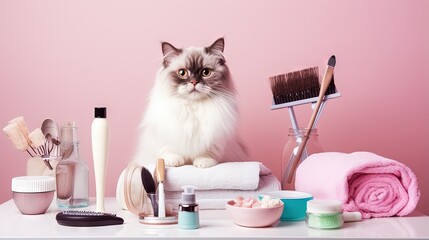 Cat grooming with tools in pet care salon