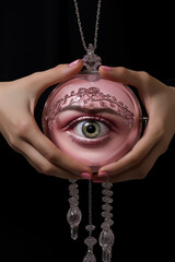 A person holding a pink ornament with an eye