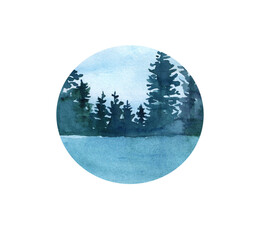Watercolor winter nature, pine trees in the snow, composition in a circle, spruce trees in the fog