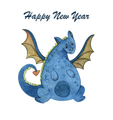 Watercolor dragon, blue dragon, symbol of the New Year, mythical animal