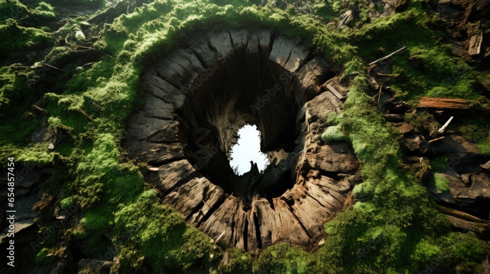 Aufkleber high angle view of forest trunk with co2 letter shaped holes representing the concept of co2 reducti