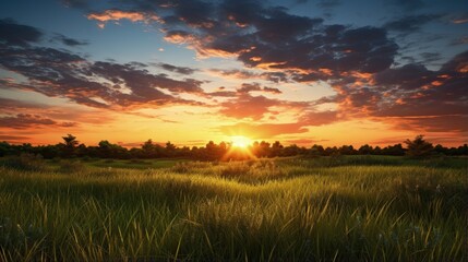 Fototapeta premium Sunset over grassy field