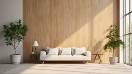 木目の壁にナチュラルなソファーがある部屋