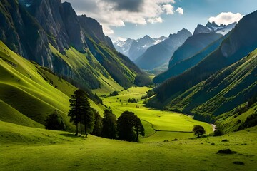 landscape with grass and mountains - obrazy, fototapety, plakaty