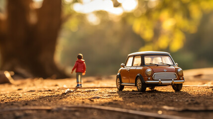 夕暮れの木の近くにミニチュアの車と人形