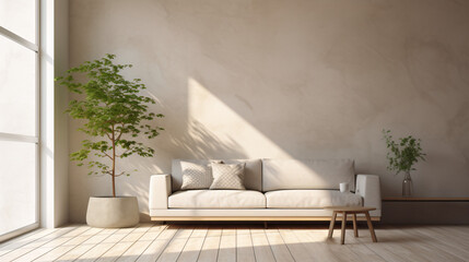 シンプルなベージュの壁にナチュラルなソファーがある部屋