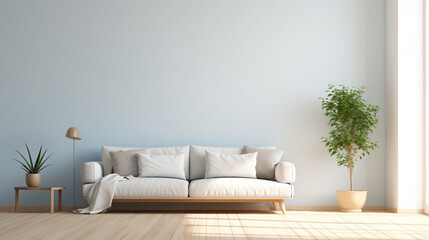 シンプルな淡い青色の壁にナチュラルなソファーがある部屋