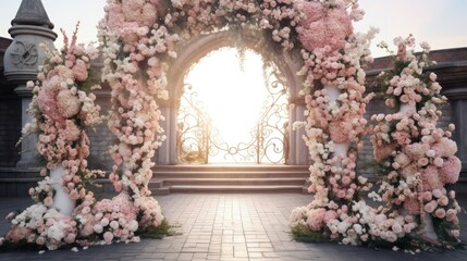 Flower adorned wedding arch in luxurious wedding area