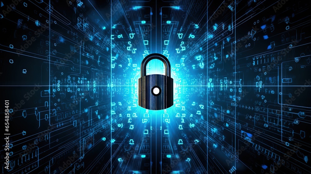 Poster Digital lock protecting binary code against personal data breaches on a blue abstract background
