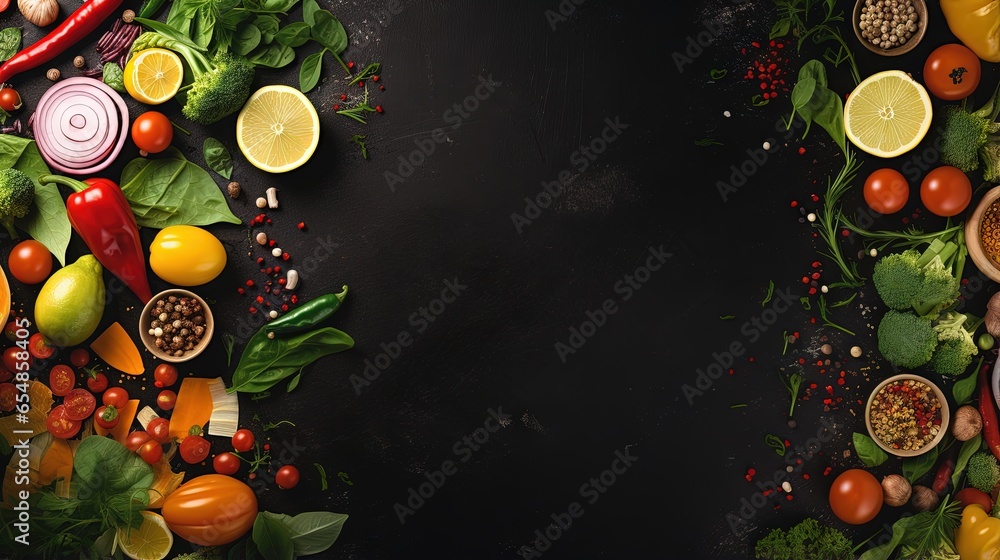 Poster Top down view of a vibrant vegetarian feast table Emphasizing healthy eating choices with room for text Black chalkboard serves as backdrop