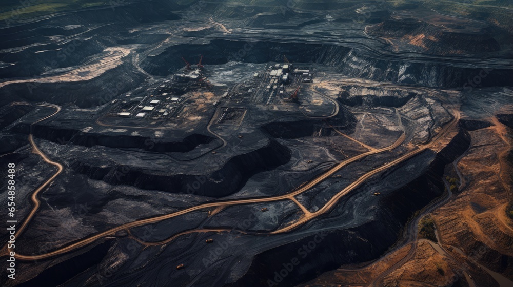 Poster aerial view of an open pit coal mine