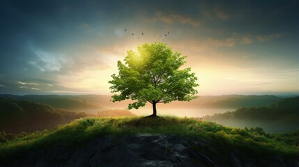 Fototapeta na wymiar Sunrise on a small tree in a green world representing Earth Day