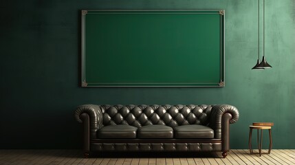 Create a 3D rendering of a leather sofa in a dark green home interior with a poster frame