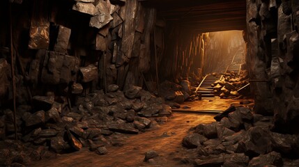 Collapsed timbered underground tunnel in deserted copper mine - obrazy, fototapety, plakaty