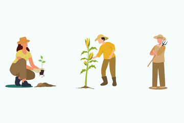Set of different farming activities flat illustrations vector. woman planting trees. farmer harvests corn. farmer posing holding agricultural tools