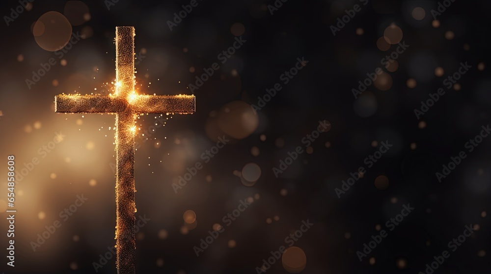 Poster christian cross silhouette with lights and bokeh on black background representing faith symbol and c