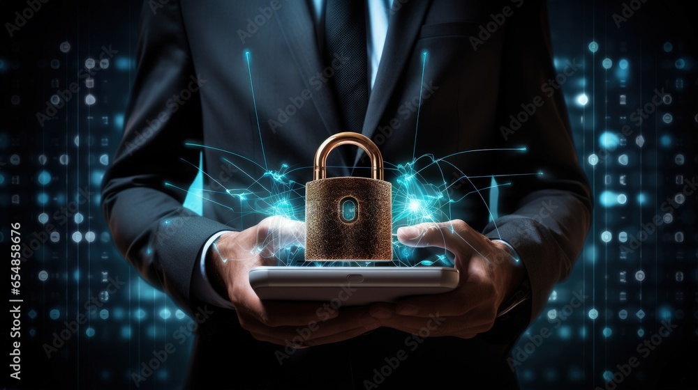 Poster entrepreneur demonstrating data protection with smartphone and padlock for gdpr compliance in intern