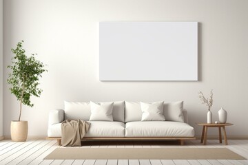 Modern white living room with empty frame for showcasing artwork or photos. Generative AI