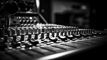 Control panel for music mixer in black and white image Closeup with selective focus