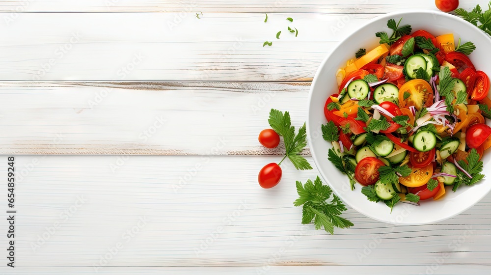 Poster top view of a tasty salad on a white wooden table with room for text