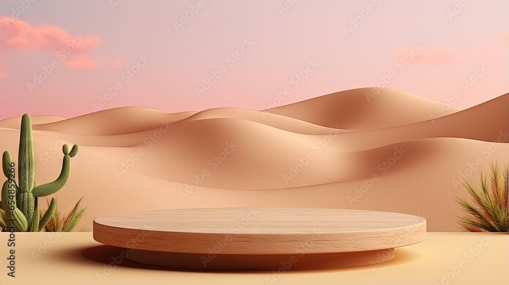 Poster Minimal display podium with cactus desert backdrop rendered in 3D