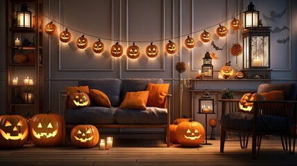 3D illustration of a Halloween party with lantern and pumpkin decorations in a modern classic style