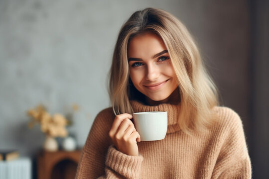 A picture of a young woman holding a cup of tea at home on an autumn day, happy thanksgiving photo