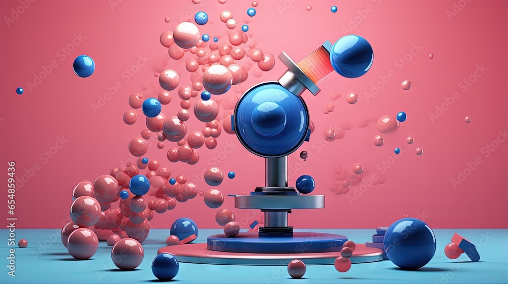 Poster blue microscope colorful balls pink backdrop 3d render