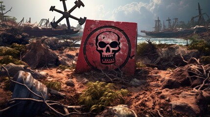 White skull and crossbones on a red sign cautioning about landmine peril