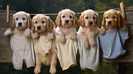 Four seven week old American Cocker Spaniel puppies on a clothesline