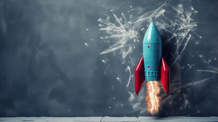 Successful business startup with creative motivation and unique business idea metaphor represented by rocket sketch drawing on chalkboard with crumpled blue paper ball and copy space