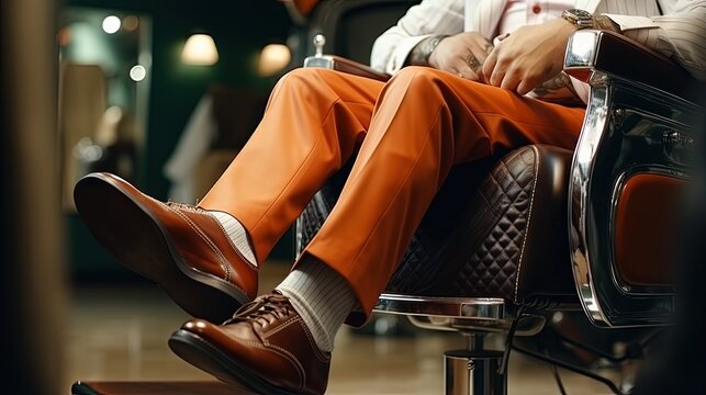 Cropped photo of modern barbershop armchair with male leg adjusting lever