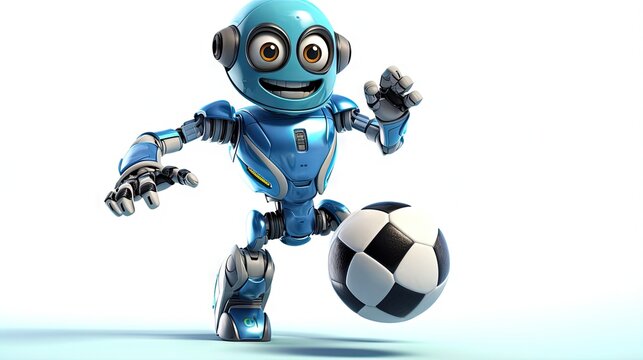 Isolated white background 3D rendering of a cute robot playing football representing technology