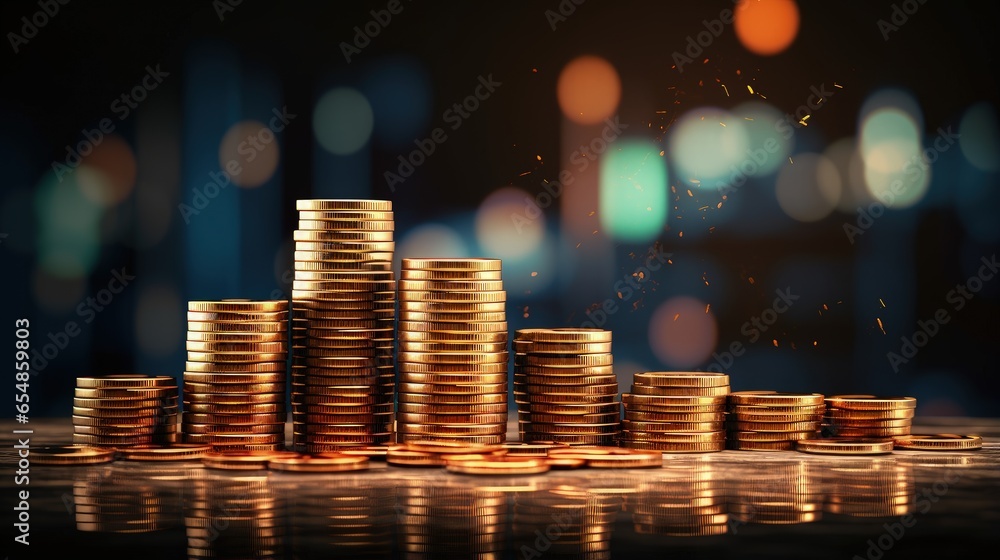 Aufkleber coin stacks on financial graph background with double exposure image